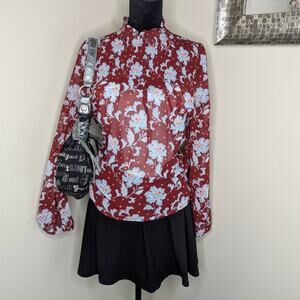 Burgundy and white floral sheer blouse medium